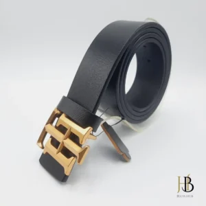 Black Leather Belt in H Golden Buckle