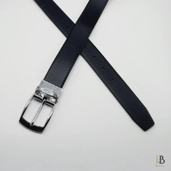 Black Leather Belt Light Silver Shade Buckle - Image 2