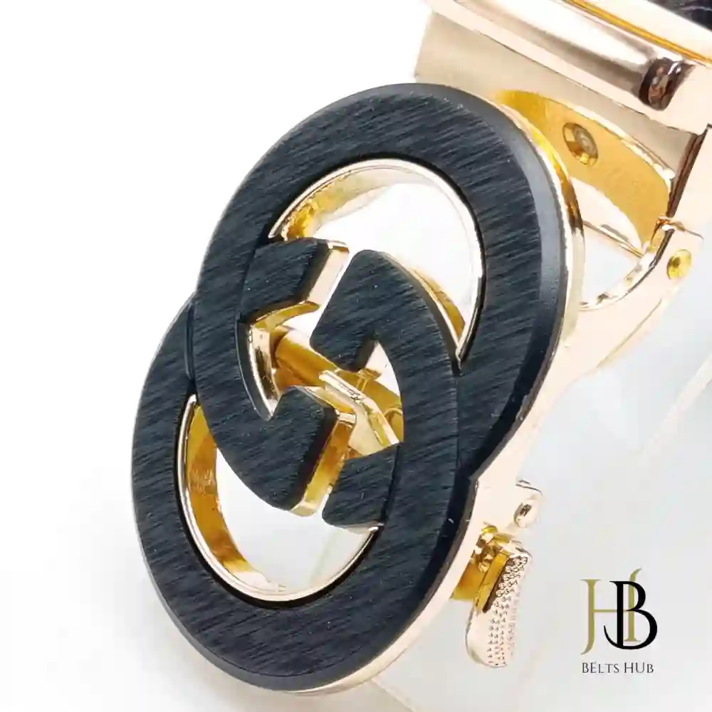 Round Buckle Double G Black Leather Belt - Image 2