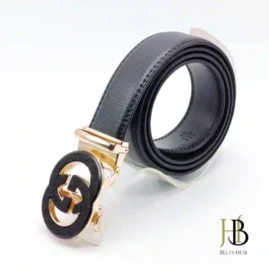 Round Buckle Double G Black Leather Belt