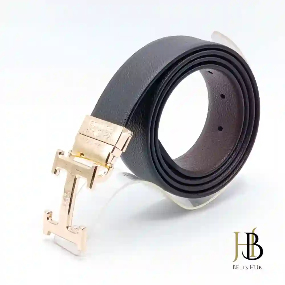 Black Leather Belt in H Golden Buckle