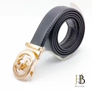 Black Leather Belt G Buckle in Gold