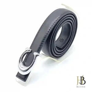 Black Leather Belt for Women Silver Buckle