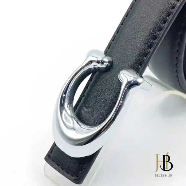 Black Leather Belt for Women Silver Buckle - Image 2